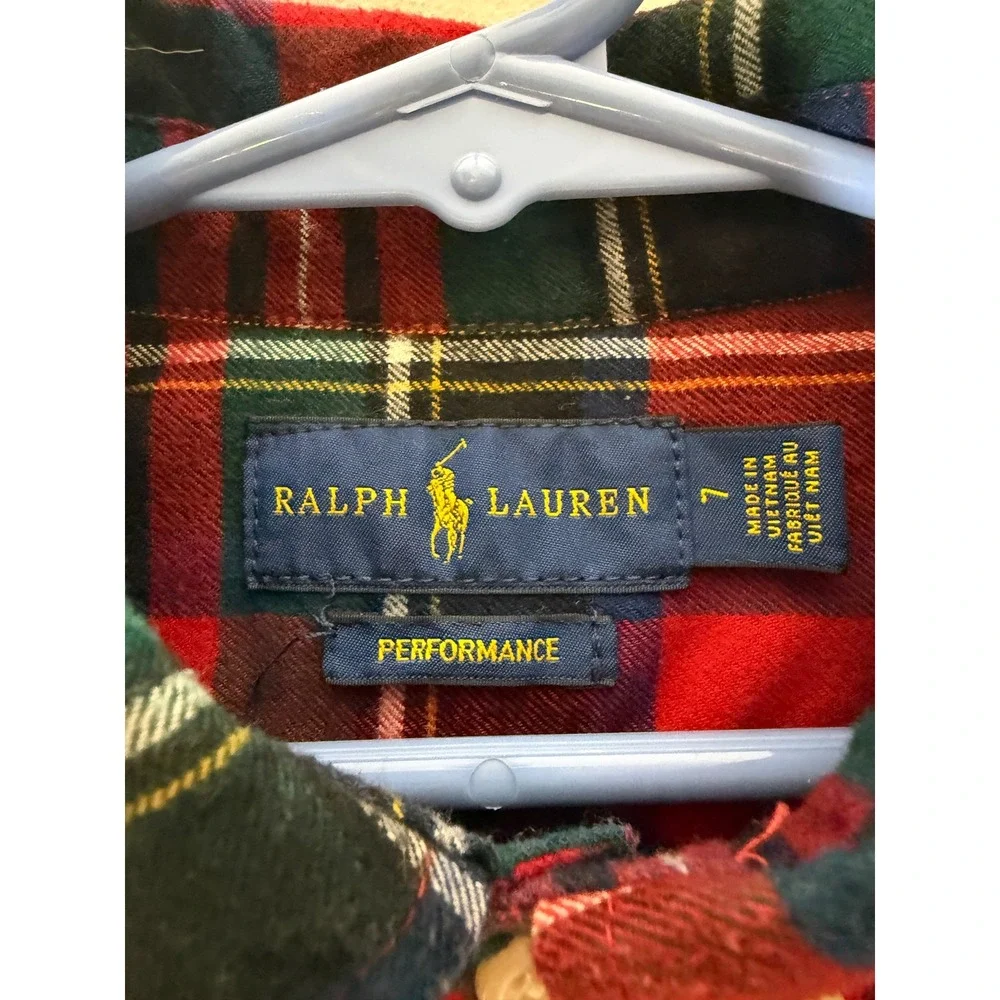 Ralph Lauren Kids Red Green Plaid Performance Button Down Shirt Size 7 Tartan